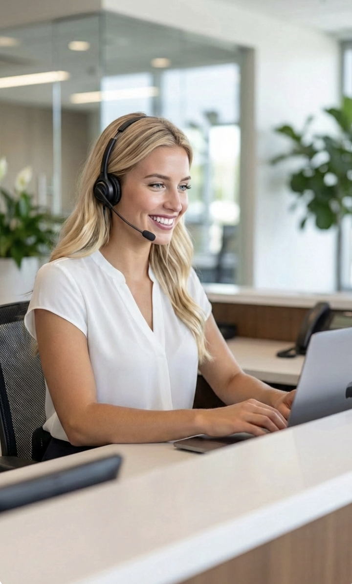 Charlotte, the AI receptionist, smiling with a headset while taking calls at a reception desk